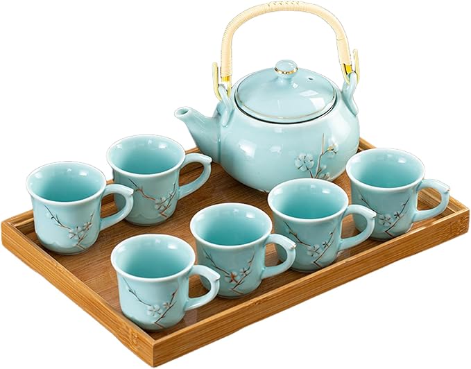 KEYDUACU Japanese Tea Set, Celadon Ceramic Tea Set, Plum Blossom Embossed, Includes 1 Teapot, 6 Anti-scald Teacups,Tea Tray,Strainer, Home, Outdoor, Gift, Chinese Kung Fu Tea Set(FDMH-FT-CYAN) - Bloomnest