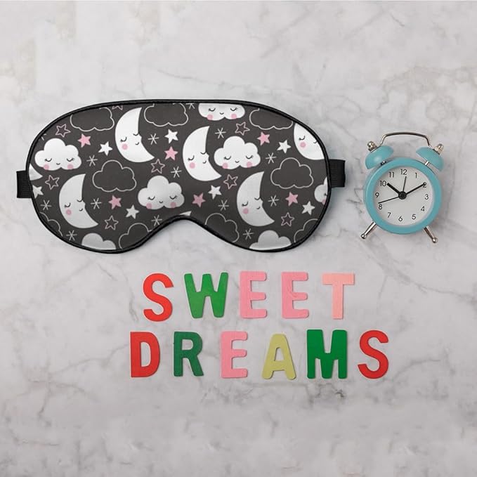 Grey Night Sleep Eye Mask Eye Cover Cute Cartoon Clouds Moons White Pink Silk Eye Mask for Sleeping with Adjustable Strap for Travel Nap Shift Work Office - Bloomnest