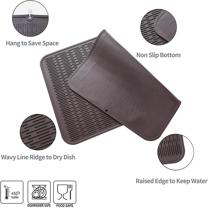 Silicone Dish Drying Mat for Multiple Usage,Easy clean,Eco-friendly,Heat-resistant Silicone Mat for Kitchen Counter or Sink,Refrigerator or Drawer Liner Coffee 4XL 32 inches x 18 inches - Bloomnest