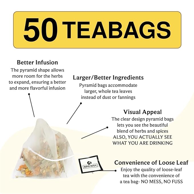 BREWIX, Turmeric Ashwagandha Herbal Tea (50 Pyramid Tea Bags) Adaptogenic Herbs for Stress & Mood Support | Evening Calm & Sleep Support | Real Ingredients From India, Caffeine Free & Naturally Gluten Free - Bloomnest