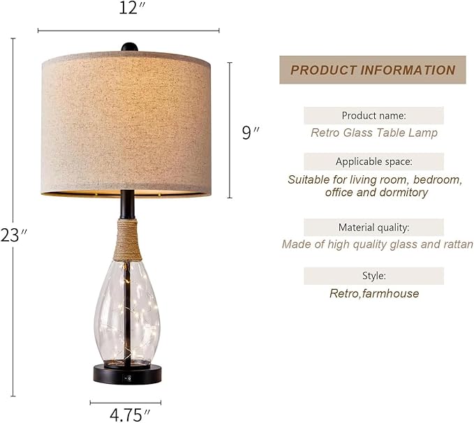 OYEARS 23" USB A+C Table Lamp for Bedroom Living Room Modern Bedside Lamps Retro Farmhouse Rattan Glass Nightstand Nightlight Lamps (Black),Two Light Points - Bloomnest