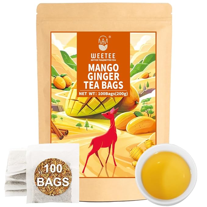 WT WEETEE Mango Ginger Tea Bags, 2g x 100 Counts, Flavored Ginger Herbal Tea Includes Cardamom, Fennel, Cinnamon, Rooibos, Licorice & More, Natural Caffeine-free - Bloomnest