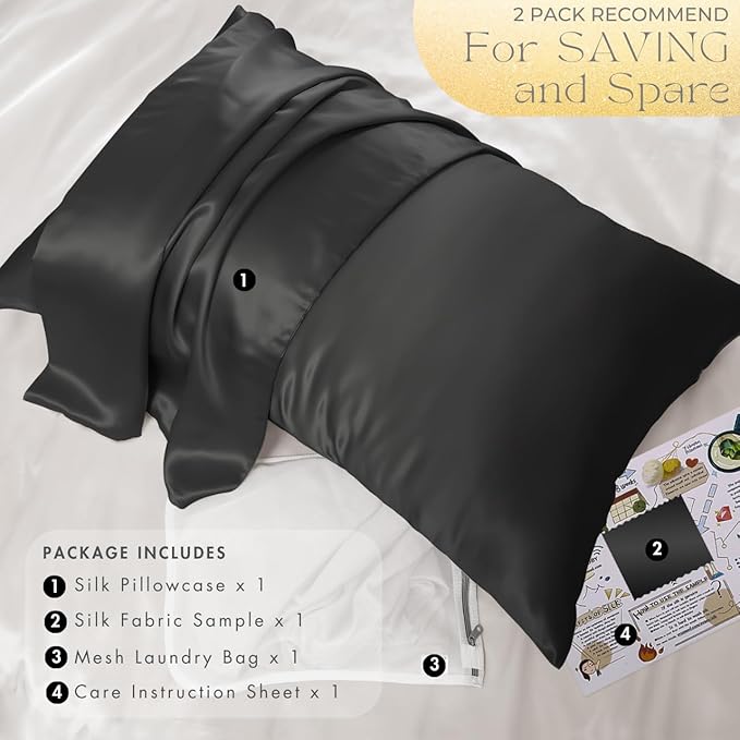 PROMEED Upgraded Grade 6A+ Black Silk Pillowcase with Zipper, 23 Momme Natural Mulberry Silk Pillow Cases for Hair and Skin - Easy Care with Free Laundry Bag (Standard 20"x26", Black) - Bloomnest