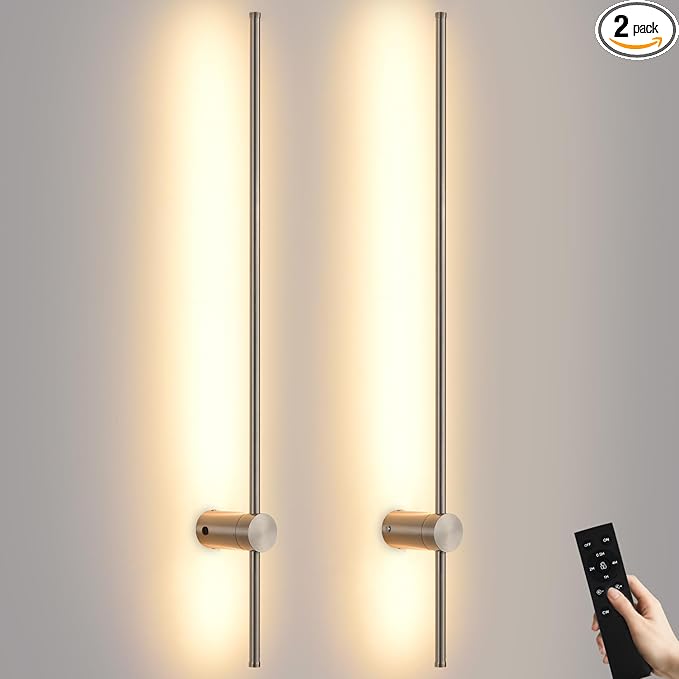 Battery Operated Wall Sconces with Remote, Dimmable 3000K-6000K/Timer/Memory LED Wall Lamp, 350°Rotate, USB Rechargeable Wireless wall lights for Living Room, Bedroom Brushed Nickel 39.3" (2 Pack) - Bloomnest