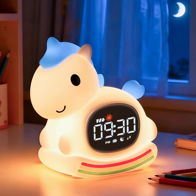 Alarm Clock with Night Light for Kids with Sleep Training and Sound Machine, Rechargeable Silicone Lamp OK to Wake Clock，Cute Animal Tabletop Lamp, Perfect Sleep Companion for Boys Girls，Blue Pony - Bloomnest