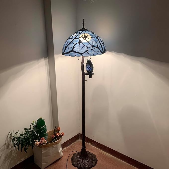 Bieye S10882 Raven Sitting on Bare Tree Tranch Against Full Moon Tiffany Style Stained Glass Lampshade (Dark Blue, 18Wx9.5H)