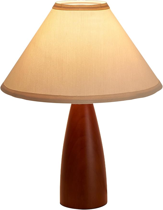Bedside Table Lamp for Bedroom, Mid-Century Modern Plug in Fabric Shade & Solid Wood Base Desk Lamp, Plug & Play Warm Brown Nightstand Lamp for Living Room, Office, Switch Power Cord 【Bulb Included】 - Bloomnest