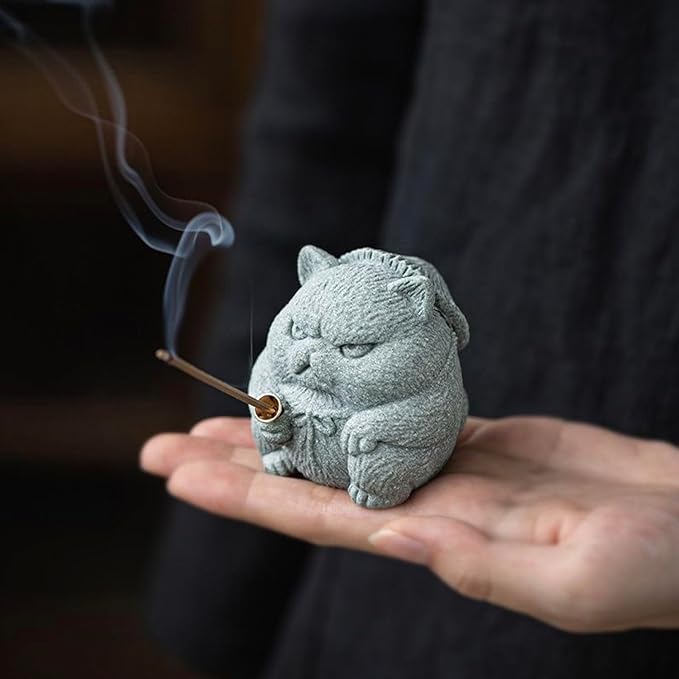 Exquisite Sandstone Warrior Cat Incense Holder (2.16”*2.36”) with Free Fishing Rod and Fish, Plus Bamboo Mat Cushion (7.28”*3.34”) (Sandstone Cat) - Bloomnest