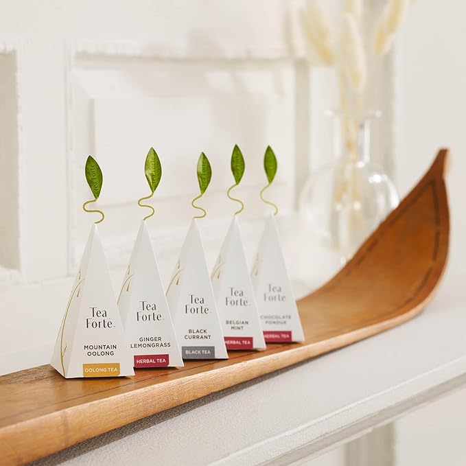 Tea Forte Premium Petite Presentation Box Gift Set Sampler, 10 Count, 2 of Each Blend Individually Wrapped Handcrafted Pyramid Infuser Bags, Winter Chalet