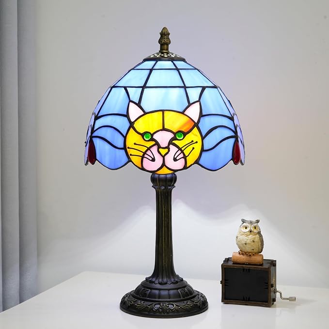 Tiffany Lamp Cat Stained Glass Table Lamp 8 Inch Orange Warm Ambient Lighting Bedroom Small Nightstand Dorm Cafe Office Corner Vintage Home Decoration Tiffany Style Table Lamp Blue cute Cat Lamp - Bloomnest