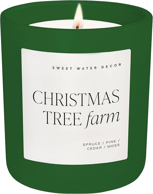 Sweet Water Decor Christmas Tree Farm Candle - Spruce, Cypress, Cedarwood, Pine Scented Candle - 15oz Green Jar, 70+ Hour Burn Time, Made in The USA - Soy Christmas Candles and Decor - Bloomnest