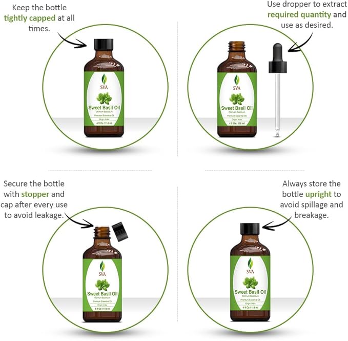 SVA Sweet Basil Essential Oil – 4 Fl Oz – 100% Natural Basil Oil - for Diffuser, Hair Care, Face, Skin Care, Aromatherapy, Scalp and Body Massage, Soap and Candle Making – with Dropper - Bloomnest
