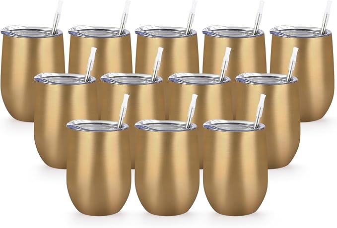 Lifecapido 12 Pack 12oz Stainless Steel Wine Tumblers, Insulated Wine Tumbler, Double Wall Insulated Wine Glass, Stainless Steel Stemless Wine Cups with Lids for Coffee, Wine, Champaign, Gold - Bloomnest