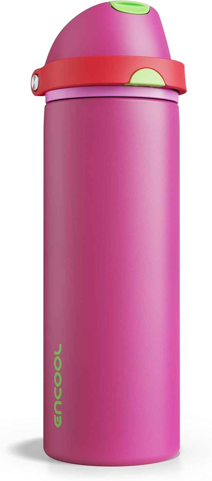 Insulated Water Bottle with Straw - Encool Stainless Steel Water Bottle with Push Button Lid, Leak-Proof & BPA-Free, Keeps Cold for 24 Hours for Sports, Travel, Gym (24 oz, Cerise Pink) ENCOOL