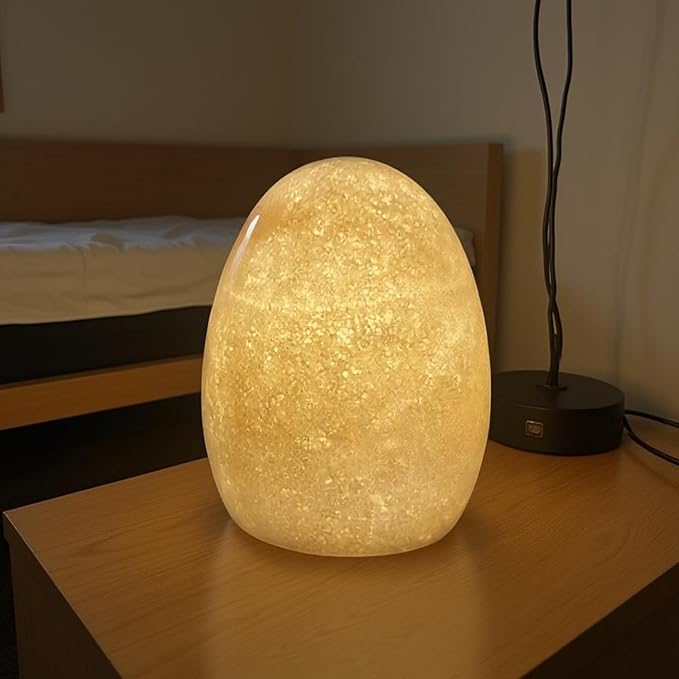 Himalayan Mineral Egg Lamp - Rechargeable Touch Control Night Light with 3-Level Warm Glow, Natural Quartz Stone Decor for Bedroom, Living Room, Office (13.5cm/5.3in) - Bloomnest