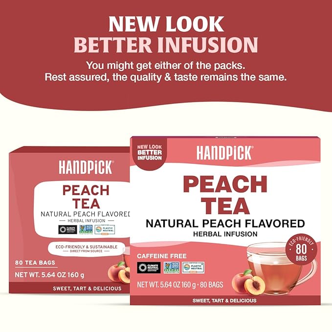 HANDPICK, Peach Tea Bags (80 Count) Non-GMO, Caffeine-Free - Peach, Hibiscus, Cinnamon, Cloves, Ginger | Floral & Refreshing Herbal Tea Bags, Brew Iced Tea or Hot Tea - Bloomnest