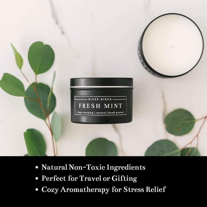 River Birch Candles Fresh Mint Scented Candle | Premium, All-Natural, Non-Toxic, Soy Candles | 8 oz. Black Matte Tin Travel Candle | Cozy Relaxing Gifts for Home - Bloomnest