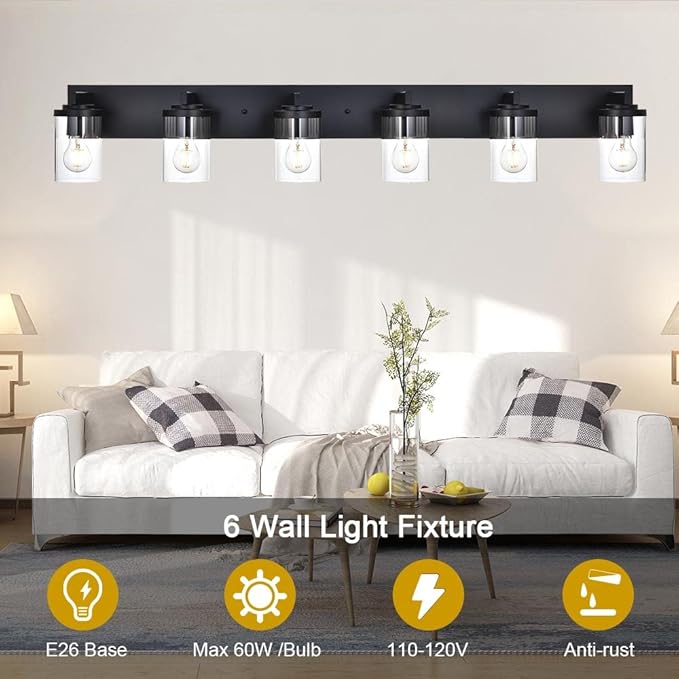 BONLICHT Black Vanity Light Glass Wall Sconce 6 Light Farmhouse Bathroom Light Fixture Over Mirror,Industrial Vintage Bath Lighting Interior Wall Lights Modern Wall Lamp for Dining Room Kitchen Office - Bloomnest