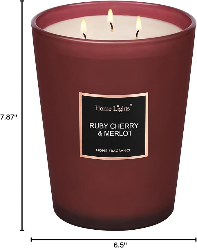 HomeLights Scented Candles - Large Jar Aromatherapy, Natural Soy Wax, 130 Hour Long Burning, Ruby Cherry & Merlot - Bloomnest
