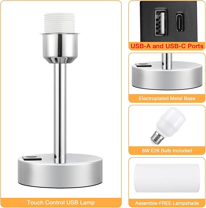White Bedside Touch Table Lamps for Bedroom Nightstand with USB-C USB-A Charging Ports White, 3 Way Dimmable Control Small Lamp Silver Base for Office, Living Room, Reading - Bloomnest