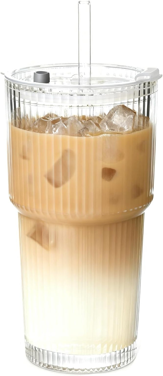 20OZ Glass Tumbler with Straw and Lid,Glass Cups with Lids and Straws,Ribbed Iced Coffee Cups Vintage Glassware for Juice Whiskey Cocktail Beer