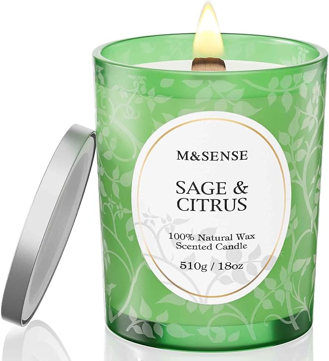 M&SENSE Sage Citrus Scented Candle, Cracking Wooden Wick Soy Wax, 18oz 100 Hours Long Lasting Clean Burn, Large Jar Candles for Home Decor, Non-Toxic Relaxing Aromatherapy Gifts for Women - Bloomnest