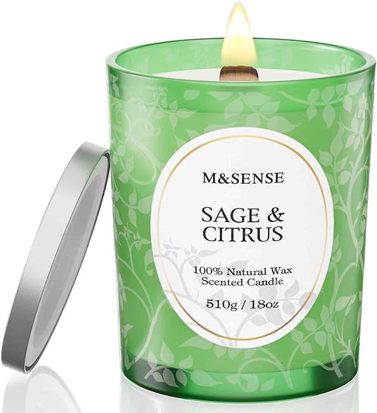 M&SENSE Sage Citrus Scented Candle, Cracking Wooden Wick Soy Wax, 18oz 100 Hours Long Lasting Clean Burn, Large Jar Candles for Home Decor, Non-Toxic Relaxing Aromatherapy Gifts for Women - Bloomnest