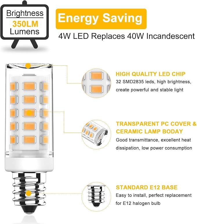 KLG E12 LED Bulb, Mini Candelabra Base, 4W (40W Equivalent), 3000K Warm White Non-Dimmable, T3/T4 Small Bulb for Ceiling Fan, Chandelier, 6 Pack - Bloomnest