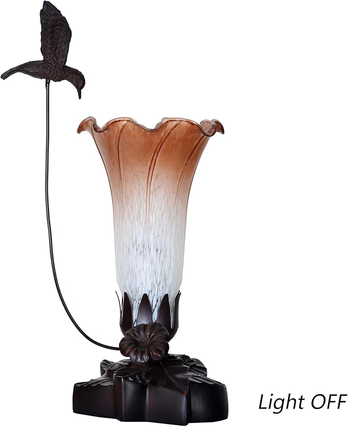 Bieye LL09 Hummingbird Flying Over Lily Flower Blown Glass Table Lamp for Home Decor (White Brown, 4.25Wx12H)