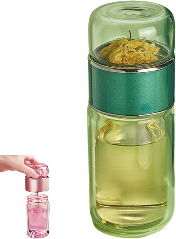 Nhdap Teava 3-In-1 Smart Tea Infuser, Tryteava Portable Leak-Proof Glass Infuser Bottle for Loose Leaf Tea, Double Layer Water Cup Separation Teapot With Strainers for Office, Travel (Green, 280ml) - Bloomnest