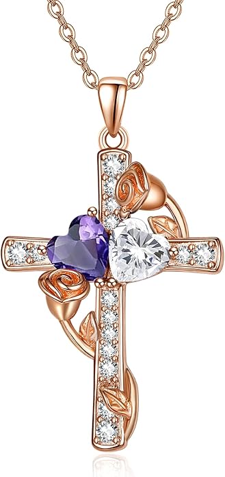 Rose Gold Dual Birthstones Cross Necklace for Women Rose Flower Jewelry Anniversary Christmas Mother's Valentine's Day Birthday Gift for Wife Girlfriend Mom - Bloomnest