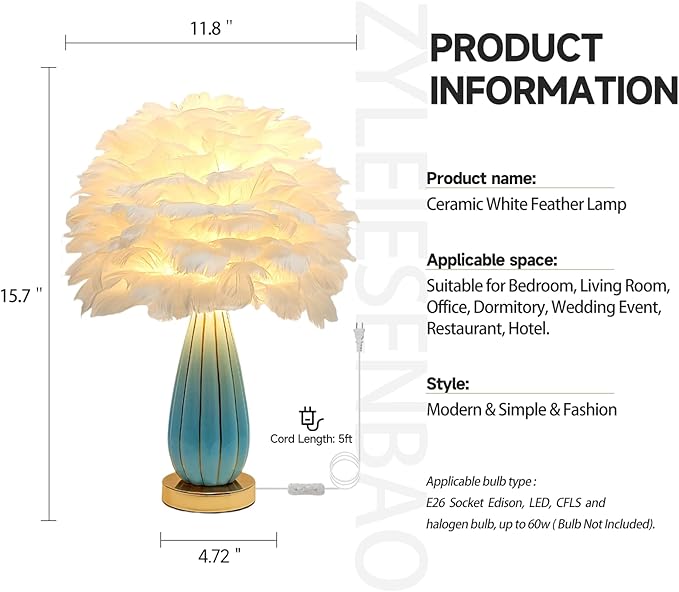 Chic White Feather Lamp Creative Feather Bedside Lamp Princess Nightstand Table Lamp Deco Romantic Atmosphere Desk Light for Cute Girl Bedroom Wedding Gift Living Room Hotel Ceramic Body - Bloomnest