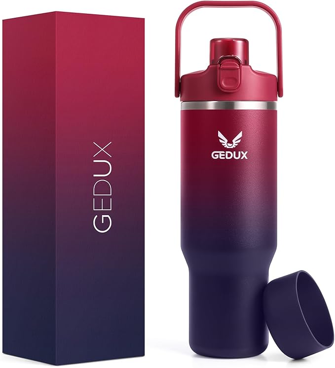 32 oz Gradient Blue Stainless Steel Tumbler with Handle and Straw, Vacuum Insulated Water Bottle with Leak-Proof 2-in-1 Lid and Silicone Boot, Keeps Drinks Hot and Cold (reddish black, 40oz) - Bloomnest