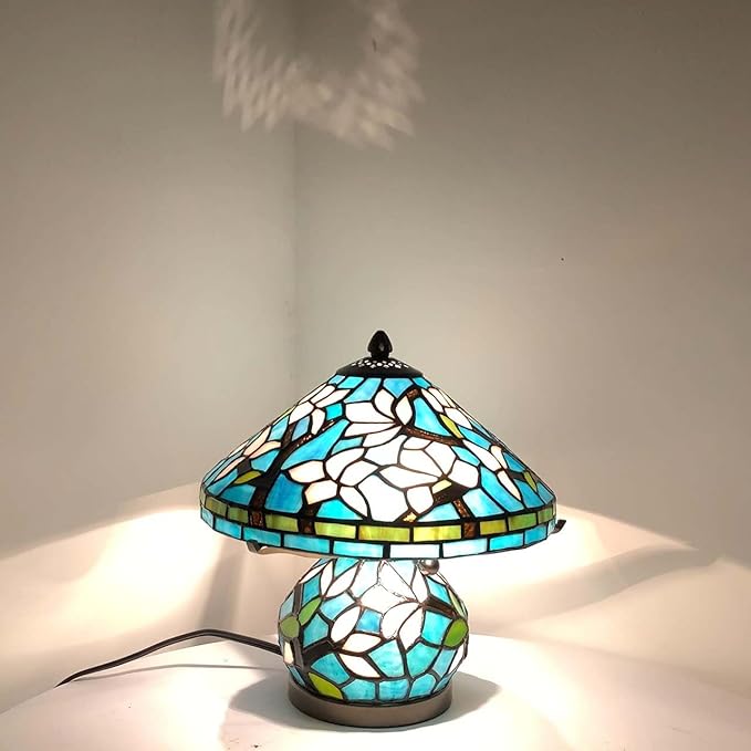 Bieye L10905 Tiffany Style Stained Glass Mushroom-Shaped Double Lit Table Lamp for Home Decor (10-inch, White Magnolia)