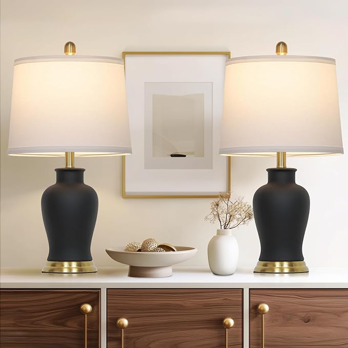 23" Modern Black Ceramic Table Lamps Set of 2, Farmhouse Table Lamps for Living Room, Classic Bedside Lamp with Ginger Jar Design, Elegant Bedroom Lamp for Night stand Desk Side End Table Home Decor - Bloomnest