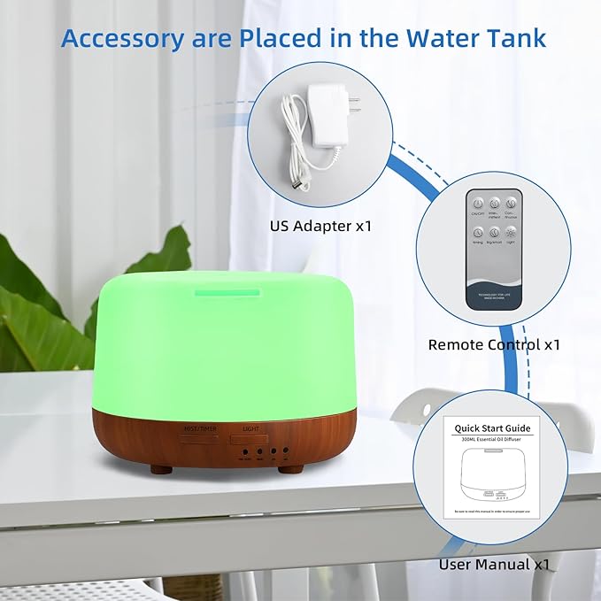 300ML Essential Oil Diffuser Aromatherapy Diffuser, Quiet 8 Hours Operation, 7-Color LED Light, 4 Timer, Remote Control, Auto-Off, Easy to Clean, for Bedroom, Living Room, Office, Home Gifts - Bloomnest