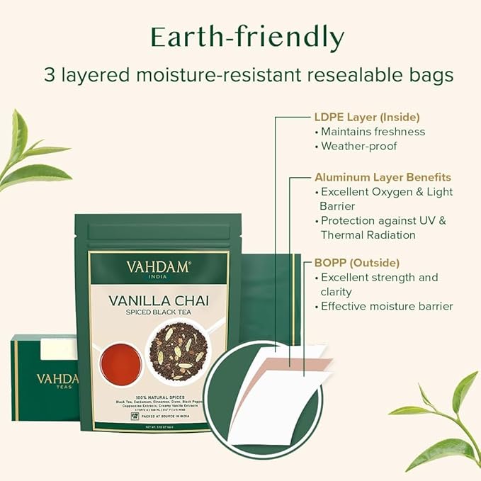 VAHDAM Vanilla Spiced Masala Chai | 3.53oz (50 Cups) Gluten Free Delicious Blend Of Vanilla & Masala Chai | Spiced Chai Tea Loose Leaf | Brew As Hot, Cold Or Iced Tea | Vacuum Sealed Pack - Bloomnest