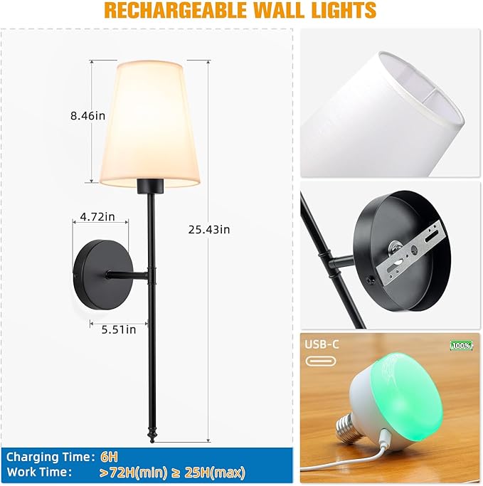 NIORSUN 25.4 inch Battery Operated Wall Sconce Set of 2,Black Rechargeable Wall Lights with 5200mAh Dimmable Detachable Bulbs and Remote,9 Colors Wireless Sconces for Bedroom Living Room Hallway - Bloomnest