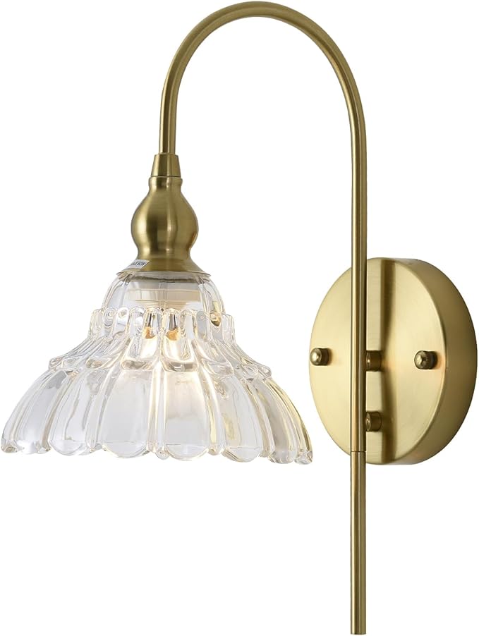 Vintage Wall Sconces with Clear Flower Glass Lampshade, Indoor Bath-Room Wall Sconce, Modern Gold Industrial Lighting Fixture for Mirror Living Room Hallway 1 Pack - Bloomnest