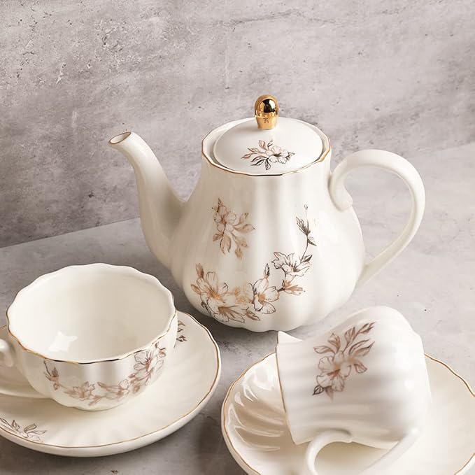 Porcelain Tea Sets British Royal Series, 8 OZ Cups & Saucer Service for 6, with Teapot Sugar Bowl Cream Pitcher Teaspoons and Tea Strainer, Suitable for High Tea, Wedding, Party（Morning glory） - Bloomnest