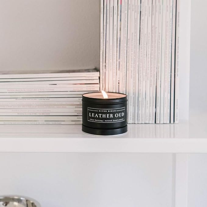 River Birch Candles Leather Oud Scented Candle | Premium, All-Natural, Non-Toxic, Soy Candles | 8 oz. Black Matte Tin Travel Candle | Cozy Relaxing Gifts for Home - Bloomnest