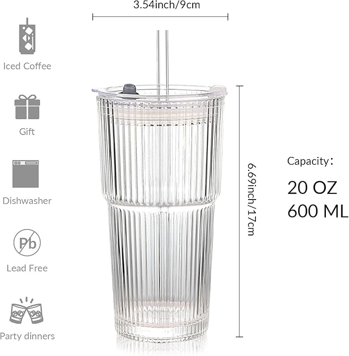 Set of 2 Ribbed Glass Tumbler with Lids and Straws, 20oz Vintage Clear Glass cups, Large capacity, Unbreakable, Fluted Design, Ideal for Travel, Iced Coffee,Smoothie, Tea, Latte, Gift