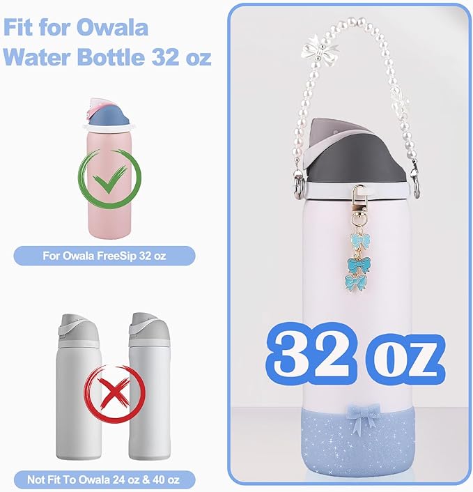 Water Bottle Accessories Set for Owala FreeSip 24oz、32 oz– Includes Pearl Handle Strap, Bow Charms,2.9in .3inch Silicone Bling Boot for Owala Accessories for Women Bloomnest