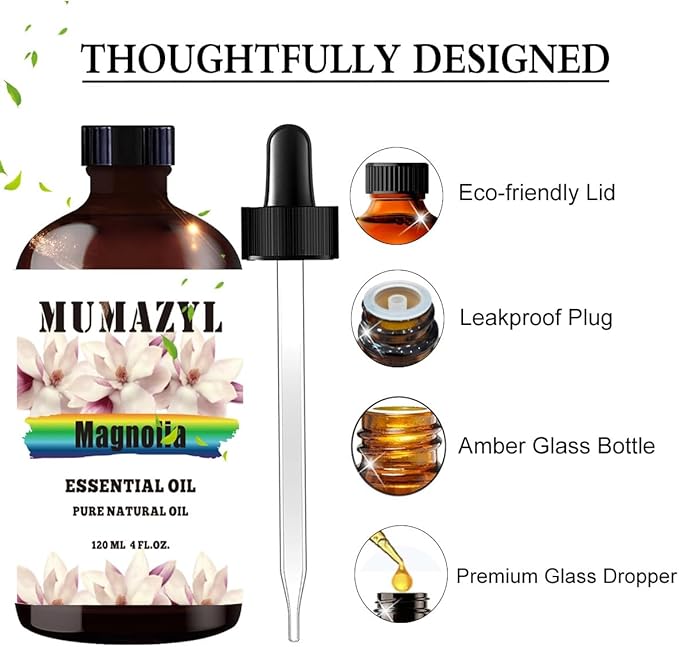 Magnolia Essential Oil, Magnolia Oil 4 Fl Oz 120ML for Diffuser Humidifier Yoga Cleaning DIY Candle Soap Making Essential Oils - Bloomnest