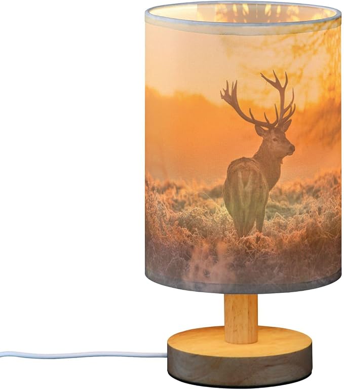 Table Lamp Red Deer Antler in Sunset Woodland Forest Nightstand Lamp with Wood Base Fabric Lamp Shade Bedside Desk Lamp for Living Room Bedroom Kids Room Office - Bloomnest