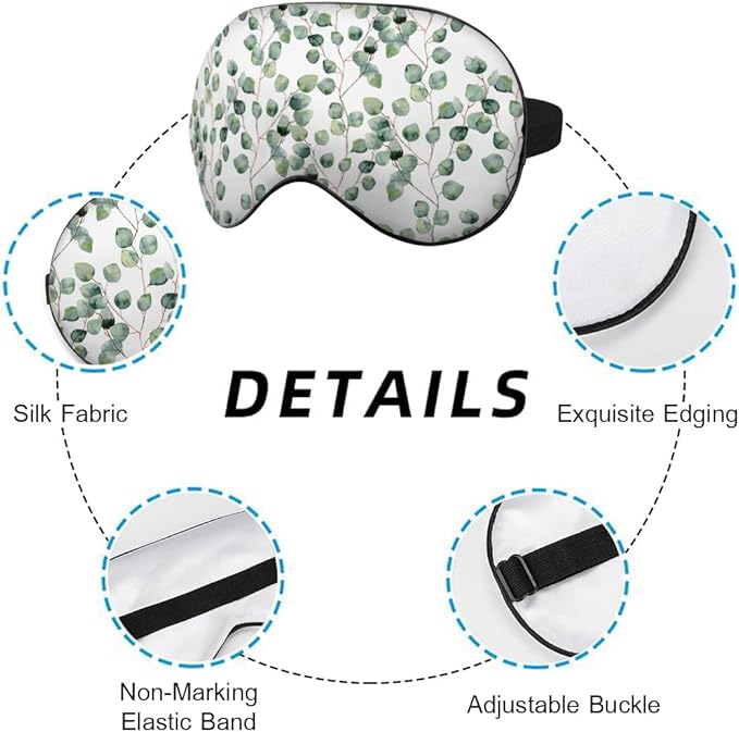 Green Floral Sleep Eye Mask Eye Cover Watercolor Eucalyptus Round Leaves Branches Silk Eye Mask for Sleeping with Adjustable Strap for Travel Nap Shift Work Office - Bloomnest