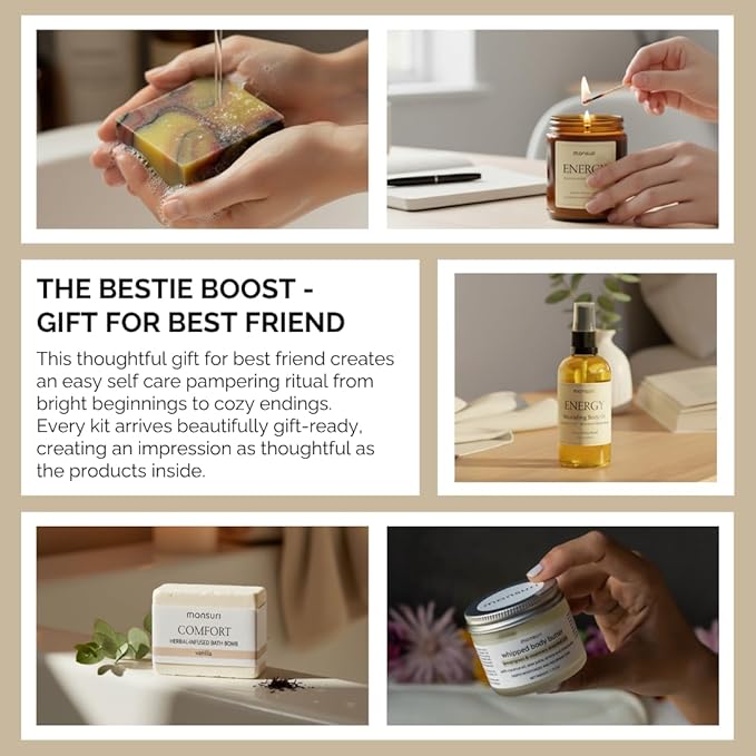 Gifts for Best Friend Woman | Bestie Boost Self Care Gift Set. 5-Piece Pampering At Home Spa Kit with Candle, Bath Bomb, Body Butter, Soap Bar, Body Oil. Best Friend Birthday Gifts for Women - Bloomnest