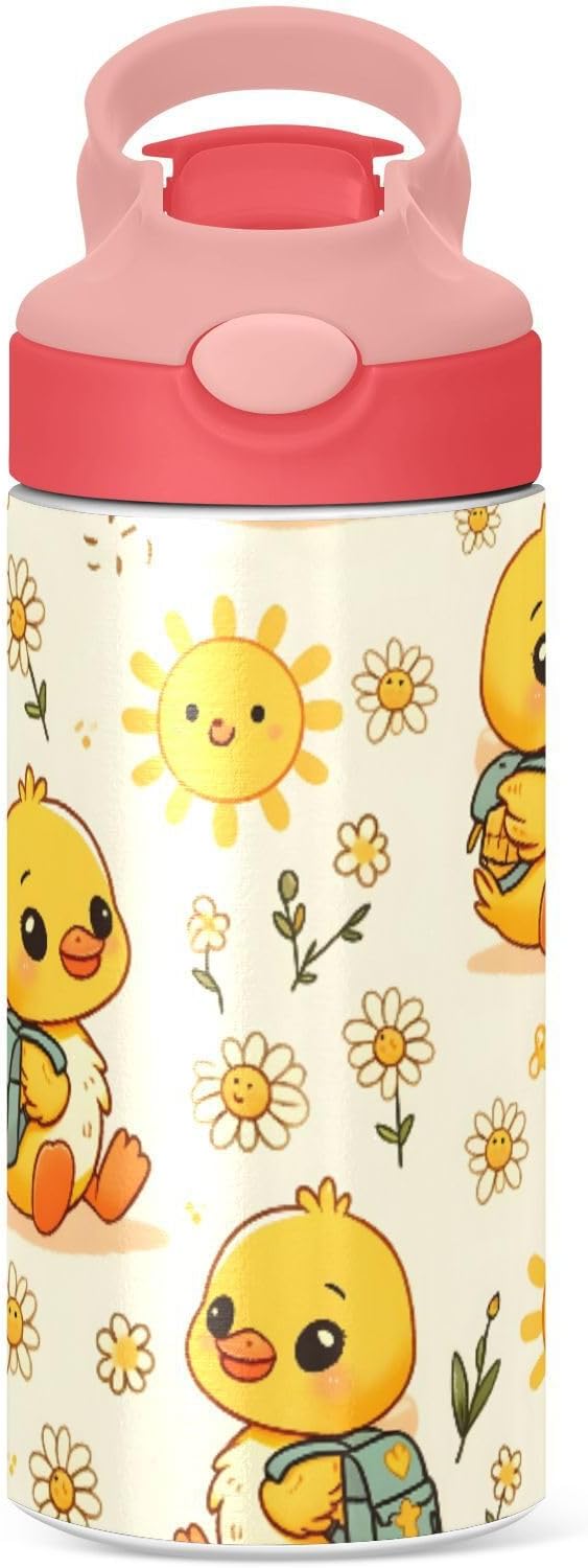 Little Yellow Duck Flower Kids Insulated Water Bottle, Toddlers Tumbler Travel Cup with Straw & Handle Stainless Steel Cup for Travel School Girls 12 oz - Bloomnest
