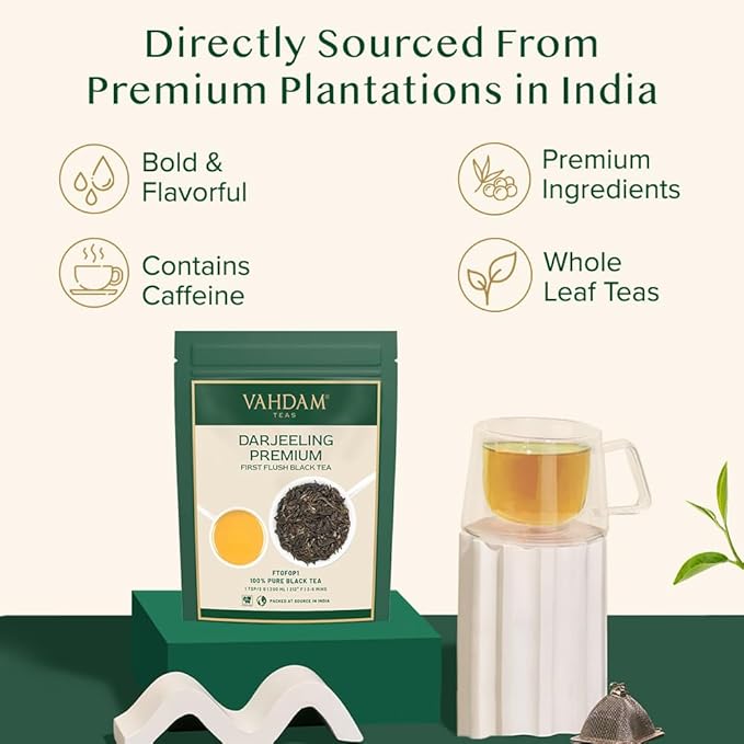 VAHDAM, First Flush Darjeeling Tea - 50 Cups (3.53oz) | Loose Leaf Black Tea - Flowery, Aromatic & Delicious | Picked, Packed & Shipped Direct From India | Champagne Of Teas | Mellow & Fragrant - Bloomnest