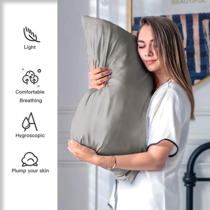 Silk Pillow Cases 2 Pack Soft Breathable and Sliky King Size Pillow Cases Set of 2,Natural Mulberry Silk Pillowcase Set of 2 for Hair and Skin with Hidden Zipper (Gray,20"X 36",2pcs) - Bloomnest